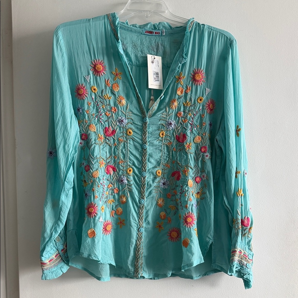 Johnny Was Teal Embroidered Women's Top